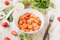 Pasta with tomato sauce, zucchini, parsley and sausages Royalty Free Stock Photo