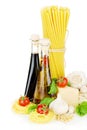 Pasta, tomatoes, basil, olive oil, vinegar, garlic and parmesan Royalty Free Stock Photo