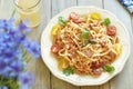 Pasta with tomatoes, ham and cheese Royalty Free Stock Photo