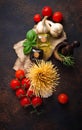 Pasta, tomatoes, olive oil and vinegar Royalty Free Stock Photo