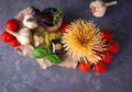 Pasta, tomatoes, olive oil and vinegar Royalty Free Stock Photo