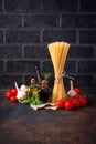 Pasta, tomatoes, olive oil and vinegar Royalty Free Stock Photo