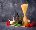 Pasta, tomatoes, olive oil and vinegar Royalty Free Stock Photo
