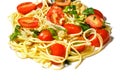 Pasta with tomatoes. Plate with spaghetti and cherry tomatoes on the table. Pasta decorated with leaves of parsley and cilantro.
