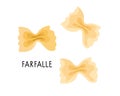 Pasta type farfalle in flat style with inscription isolated on white background. Carbohydrate diet. Nutrient complex Royalty Free Stock Photo