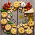 Pasta varieties on a rustic wooden surface including tagliatelle rigatoni Royalty Free Stock Photo