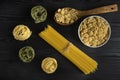 Pasta varieties served on the rustic table