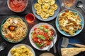 Pasta variety. Italian food and drinks, overhead flat lay shot on black