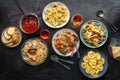 Pasta variety. Italian food and drinks, overhead flat lay shot on black