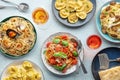 Pasta variety. Italian food and drinks, overhead flat lay shot