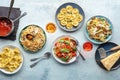 Pasta variety. Italian food and drinks, overhead flat lay shot