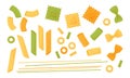 Pasta vector icon set. Colored different types italian pasta. Spaghetti, ravioli, penne, farfalle, noodles, macaroni Royalty Free Stock Photo