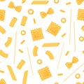 Pasta vector seamless pattern. Different types italian pasta. Spaghetti, ravioli, penne, farfalle, noodles, macaroni