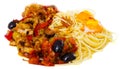 pasta with vegetables grilled meat and two baked egg yolk on white plate Royalty Free Stock Photo