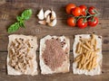 Pasta, vegetables and herbs on wood Royalty Free Stock Photo