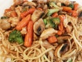 Pasta with vegetables, mushrooms and chicken . Chinese pasta,fried soba noodles with mushrooms, carrots, peppers closeup on white Royalty Free Stock Photo