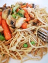 Pasta with vegetables, mushrooms and chicken . Chinese pasta,fried soba noodles with mushrooms, carrots, peppers closeup on white Royalty Free Stock Photo