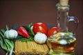 Pasta, vegetables, oil