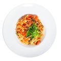 Pasta with vegetables, a plate, top, zucchini, tomatoes, tomato paste