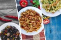Pasta with vegetables, tomato paste, dark pasta with seafood. Royalty Free Stock Photo