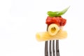 Pasta in white background. Rigatoni, tomato and basil on fork. Italian cuisine concept