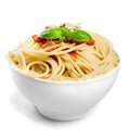 Pasta in a white bowl with tomato sauce and fresh Royalty Free Stock Photo