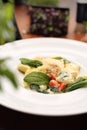 Pasta in white cream sauce with grated cheese, basil and tomatoes, close-up. Ravioli on a white plate. Royalty Free Stock Photo