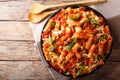 Pasta ziti with bolognese sauce and cheese close-up. horizontal Royalty Free Stock Photo