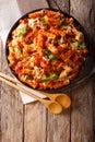 Pasta ziti with bolognese sauce and cheese close-up. Vertical to