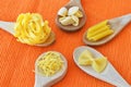 Variety of dry raw pastas over red background Royalty Free Stock Photo