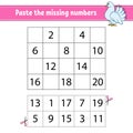 Paste the missing numbers 1-20. Game for children. Handwriting practice. Learning numbers for kids. Education developing worksheet Royalty Free Stock Photo