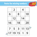 Paste the missing numbers 1-20. Game for children. Handwriting practice. Learning numbers for kids. Education developing worksheet