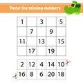 Paste the missing numbers 1-20. Game for children. Handwriting practice. Learning numbers for kids. Education developing worksheet