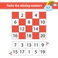 Paste the missing numbers 1-20. Game for children. Handwriting practice. Learning numbers for kids. Education developing worksheet