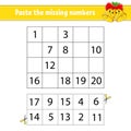 Paste the missing numbers 1-20. Game for children. Handwriting practice. Learning numbers for kids. Education developing worksheet