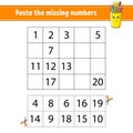 Paste the missing numbers 1-20. Game for children. Handwriting practice. Learning numbers for kids. Education developing worksheet