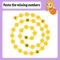 Paste the missing numbers. Handwriting practice. Learning numbers for kids. Education developing worksheet. Activity page. Game