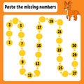 Paste the missing numbers. Handwriting practice. Learning numbers for kids. Education developing worksheet. Activity page. Game