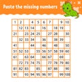 Paste the missing numbers. Handwriting practice. Learning numbers for kids. Education developing worksheet. Activity page. Game