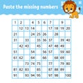 Paste the missing numbers. Handwriting practice. Learning numbers for kids. Education developing worksheet. Activity page. Game