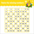 Paste the missing numbers from 1 to 100. Handwriting practice. Learning numbers for kids. Education developing worksheet. Activity Royalty Free Stock Photo