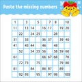 Paste the missing numbers from 1 to 100. Handwriting practice. Learning numbers for kids. Education developing worksheet. Activity Royalty Free Stock Photo