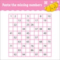 Paste the missing numbers from 1 to 100. Handwriting practice. Learning numbers for kids. Education developing worksheet. Activity Royalty Free Stock Photo