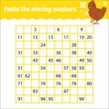 Paste the missing numbers from 1 to 100. Handwriting practice. Learning numbers for kids. Education developing worksheet. Game for Royalty Free Stock Photo