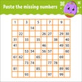 Paste the missing numbers from 1 to 100. Handwriting practice. Learning numbers for kids. Education developing worksheet. Game for Royalty Free Stock Photo