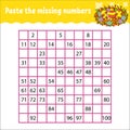 Paste the missing numbers from 1 to 100. Handwriting practice. Learning numbers for kids. Education developing worksheet. Game for Royalty Free Stock Photo