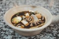 Paste of rice flour or boiled Chinese pasta square with pork in brown soup served on baked clay bolw Royalty Free Stock Photo