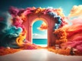 Pastel abstract background with colorful door to another universe