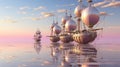 Pastel Airship Fleet Soaring Through Peach Colored Clouds in Delightful Shades of Soft Pink