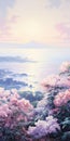 Pastel Anime Landscape: Pink Flowers Overlooking The Ocean